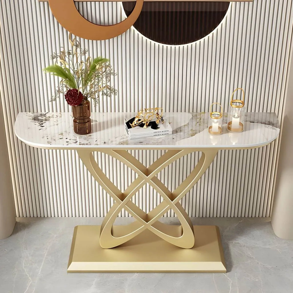 Glam Marble Top Console Table with Sculptural Iron Base