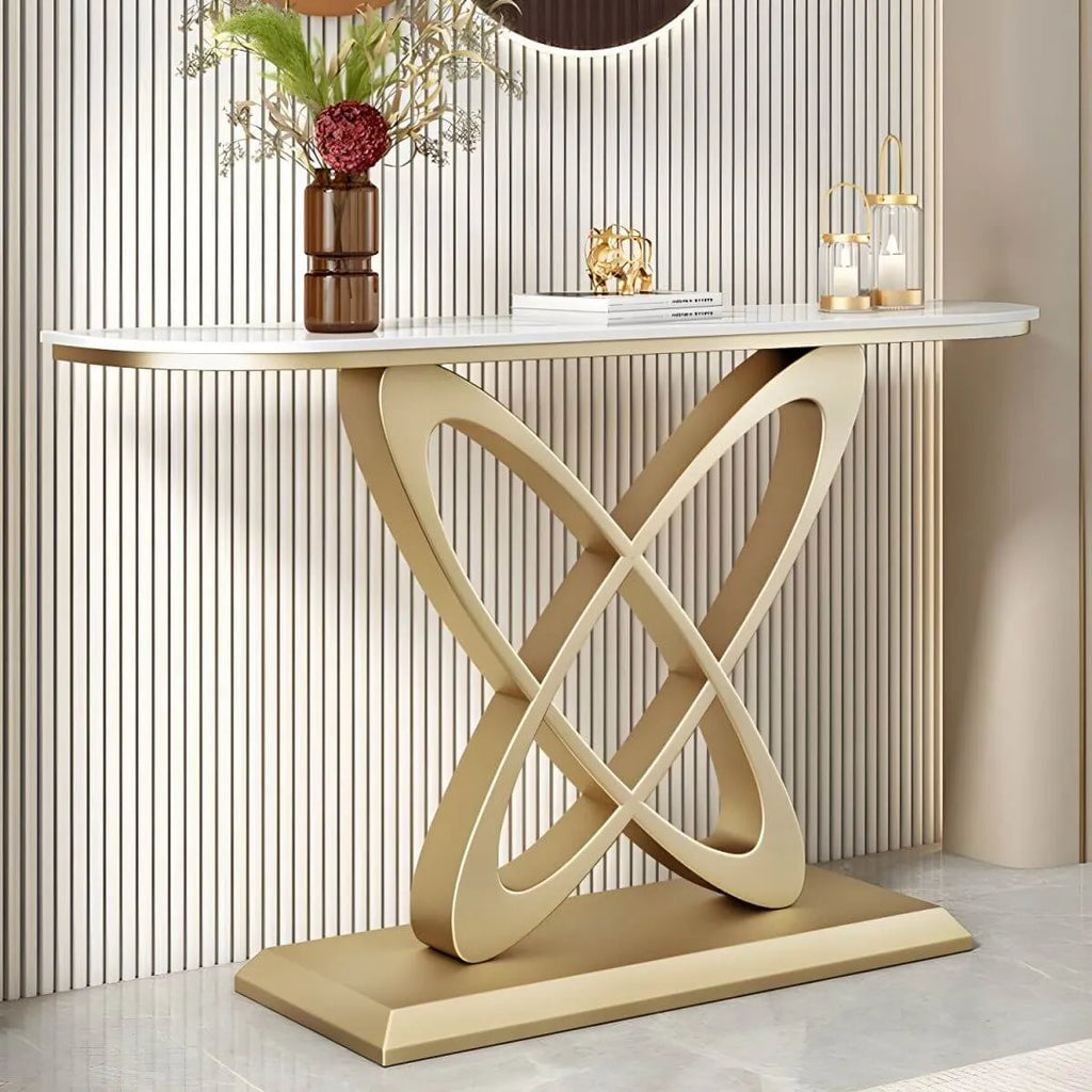 Glam Marble Top Console Table with Sculptural Iron Base