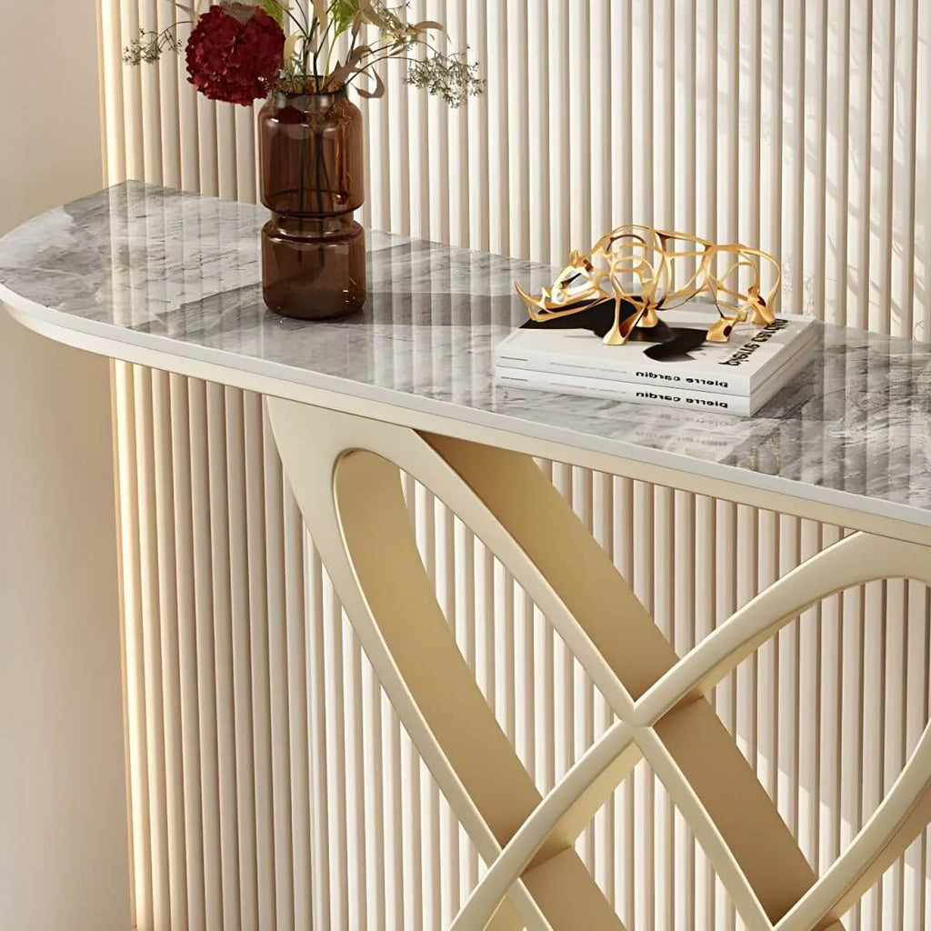 Glam Marble Top Console Table with Sculptural Iron Base
