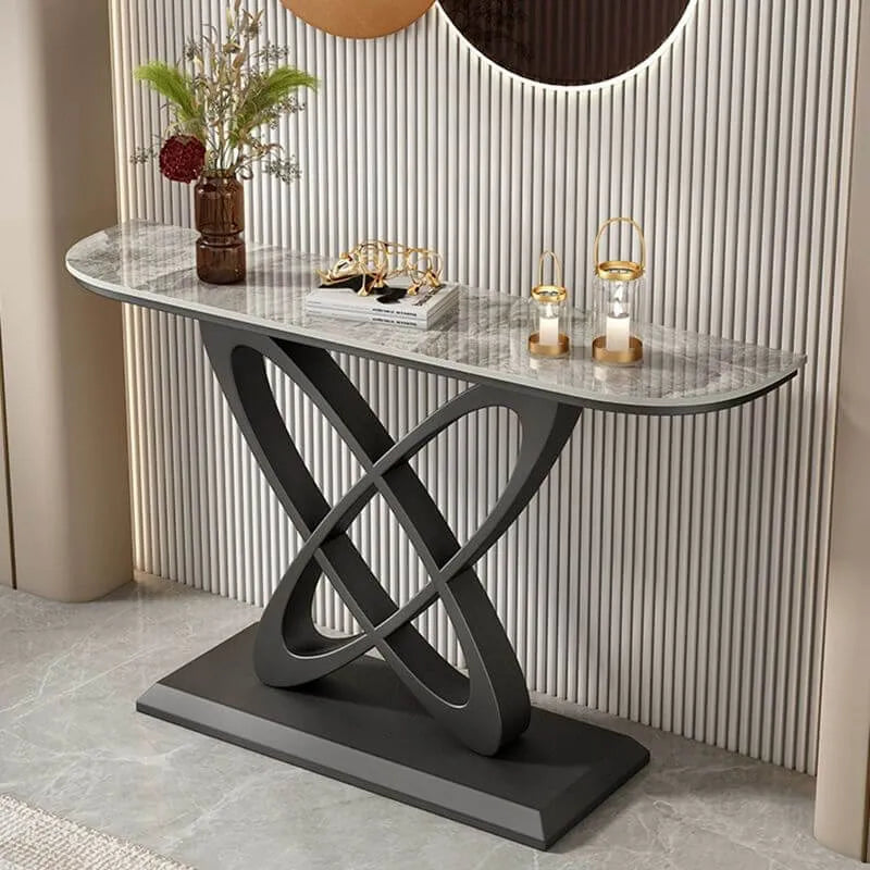 Glam Marble Top Console Table with Sculptural Iron Base