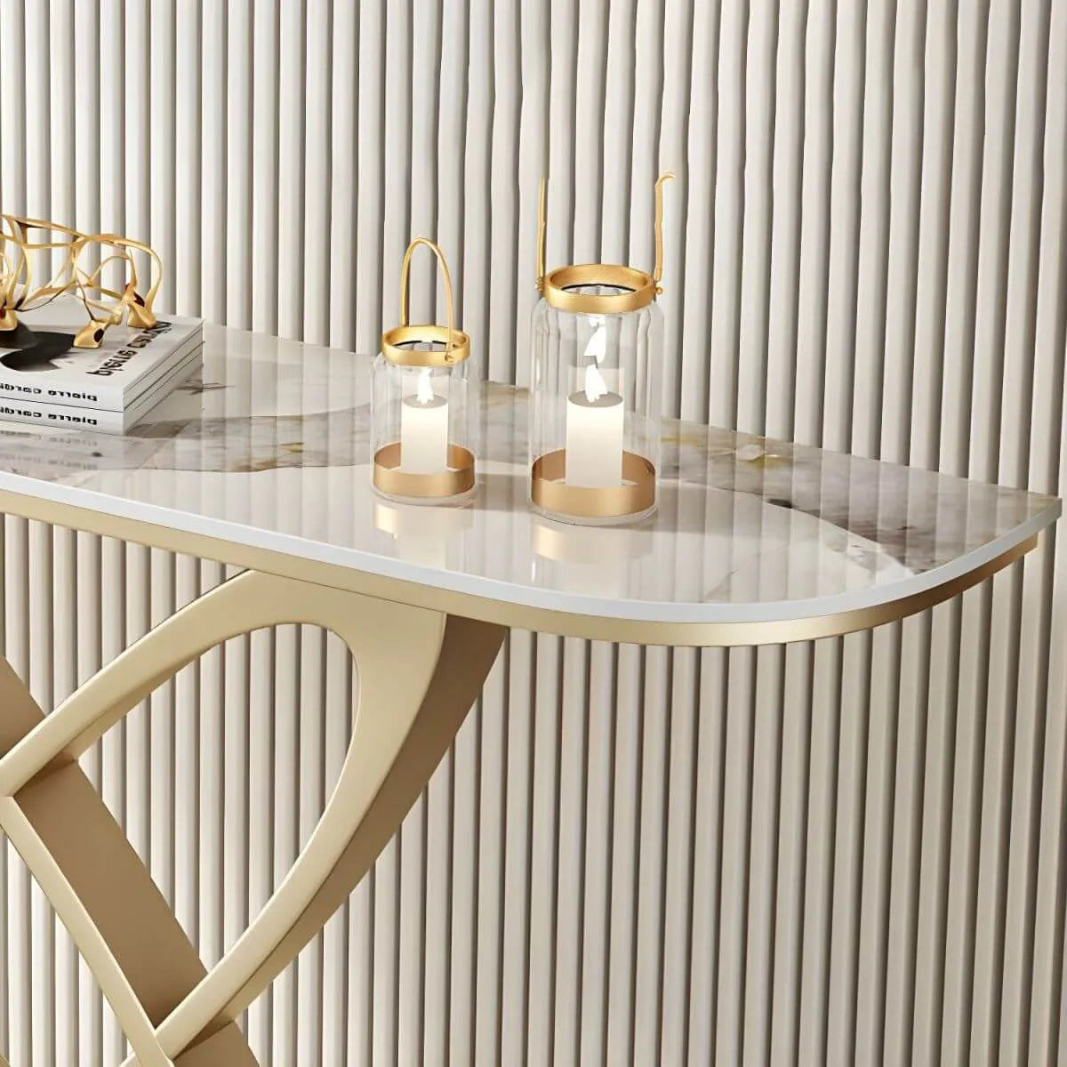 Glam Marble Top Console Table with Sculptural Iron Base