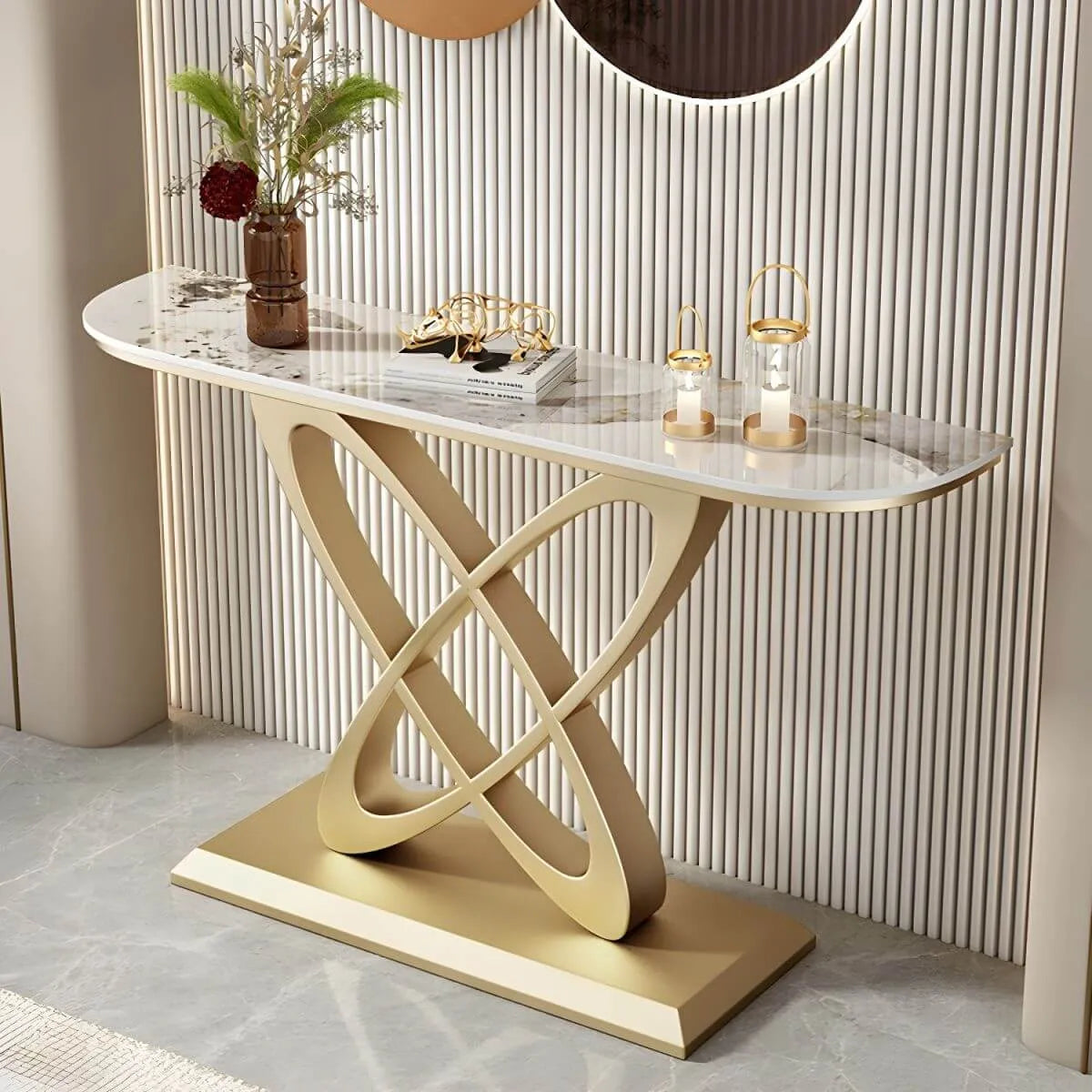 Glam Marble Top Console Table with Sculptural Iron Base Main Product Image Main image