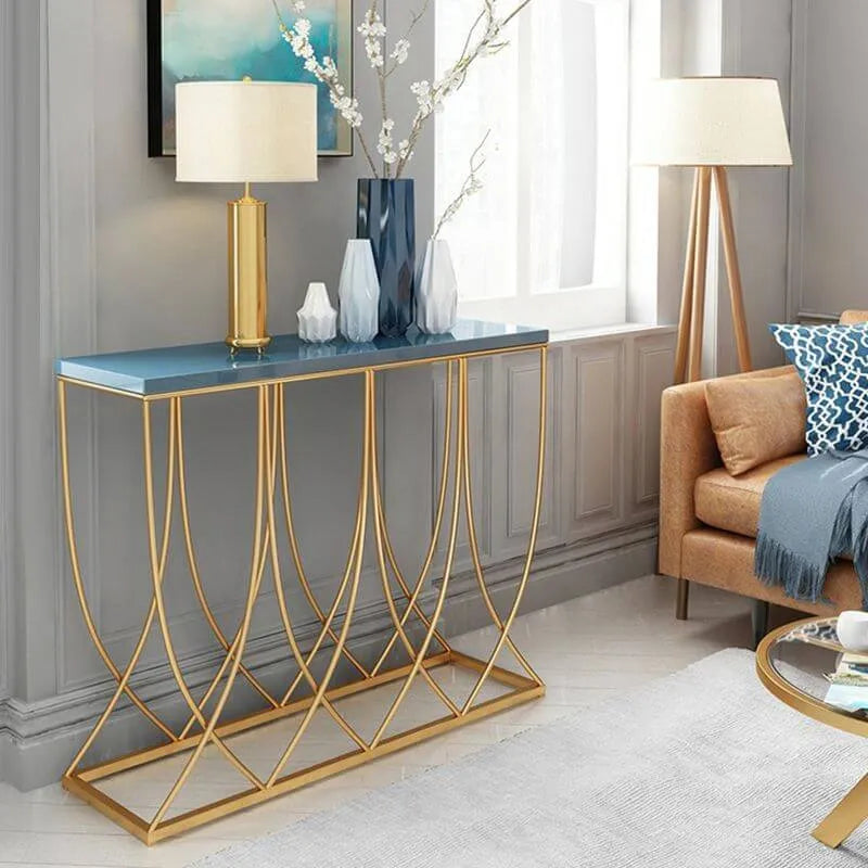 Glam Rectangular Console Table with Blue-Tinted Glass Top & Gold Iron Base