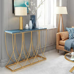 Glam Rectangular Console Table with Blue-Tinted Glass Top & Gold Iron Base