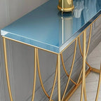 Glam Rectangular Console Table with Blue-Tinted Glass Top & Gold Iron Base