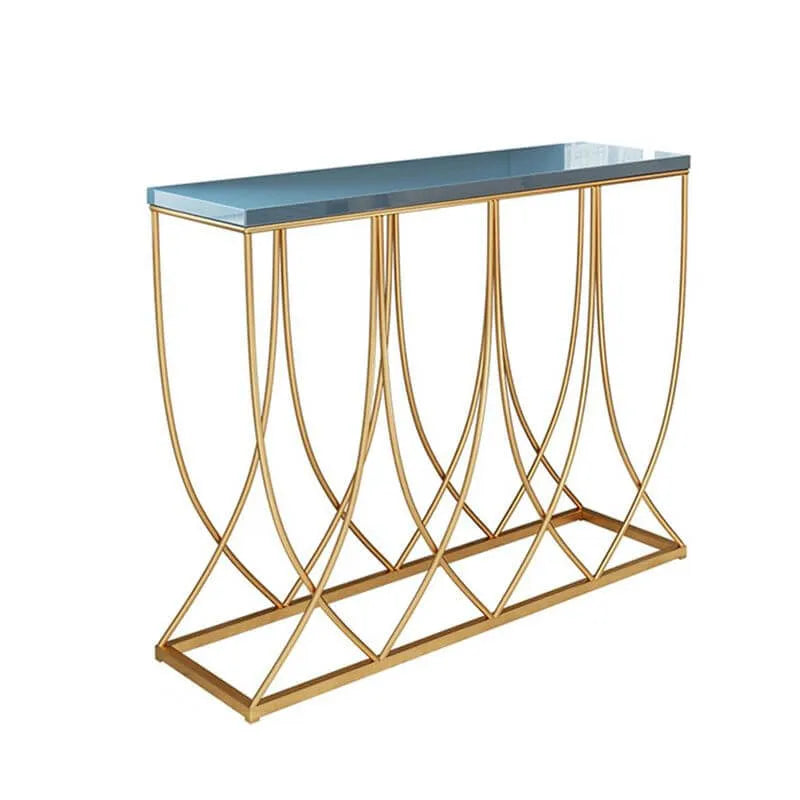 Glam Rectangular Console Table with Blue-Tinted Glass Top & Gold Iron Base