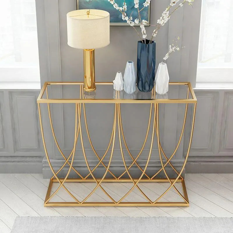 Glam Rectangular Console Table with Blue-Tinted Glass Top & Gold Iron Base Secondary image