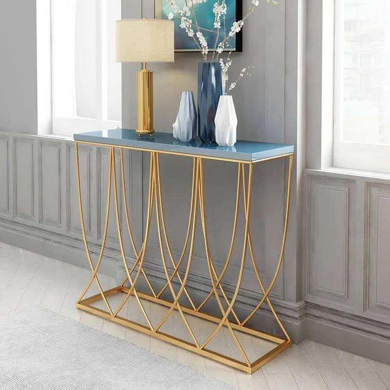 Glam Rectangular Console Table with Blue-Tinted Glass Top & Gold Iron Base