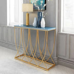 Glam Rectangular Console Table with Blue-Tinted Glass Top & Gold Iron Base