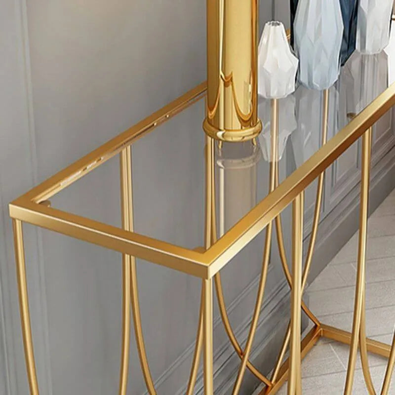 Glam Rectangular Console Table with Blue-Tinted Glass Top & Gold Iron Base