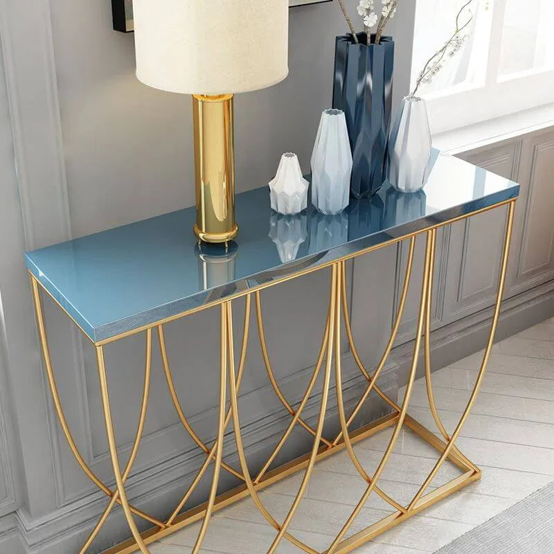 Glam Rectangular Console Table with Blue-Tinted Glass Top & Gold Iron Base