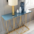 Glam Rectangular Console Table with Blue-Tinted Glass Top & Gold Iron Base