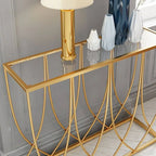 Glam Rectangular Console Table with Blue-Tinted Glass Top & Gold Iron Base
