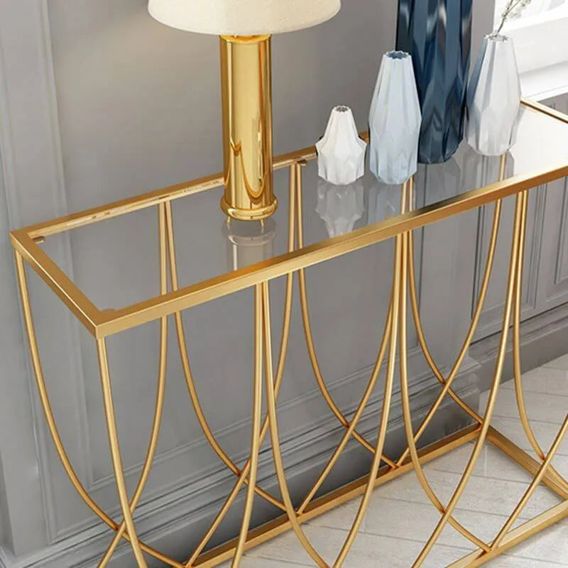 Glam Rectangular Console Table with Blue-Tinted Glass Top & Gold Iron Base