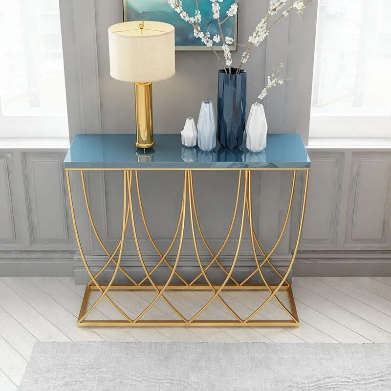 Glam Rectangular Console Table with Blue-Tinted Glass Top & Gold Iron Base Main Product Image Main image