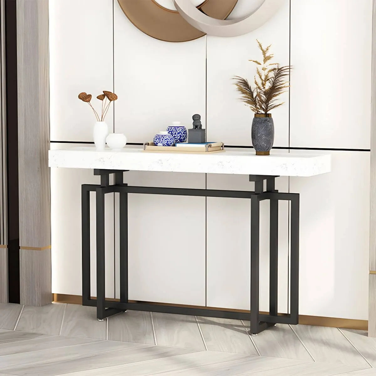 Glam Rectangular Marble Console Table with Metal Frame – Black & Gold
