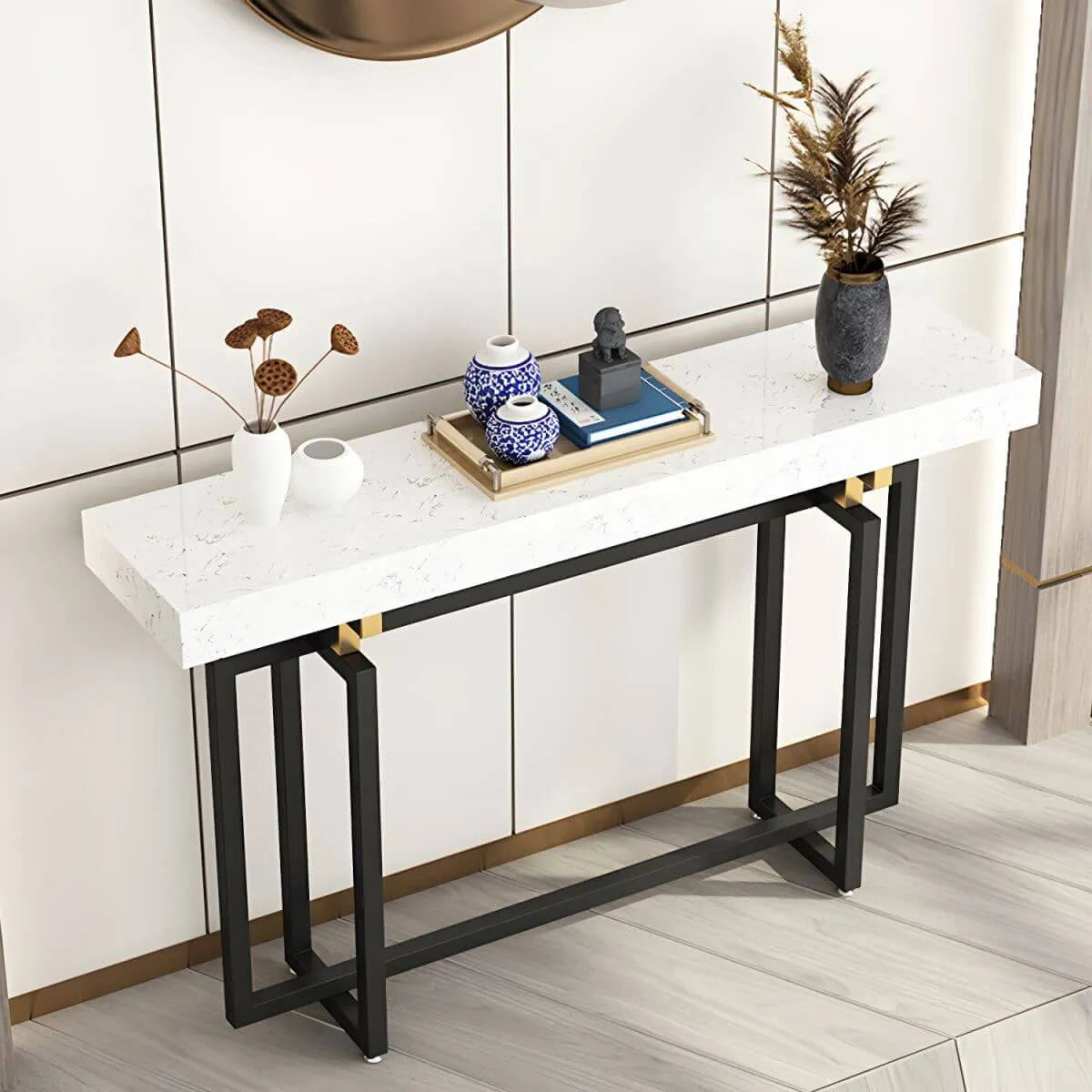 Glam Rectangular Marble Console Table with Metal Frame – Black & Gold