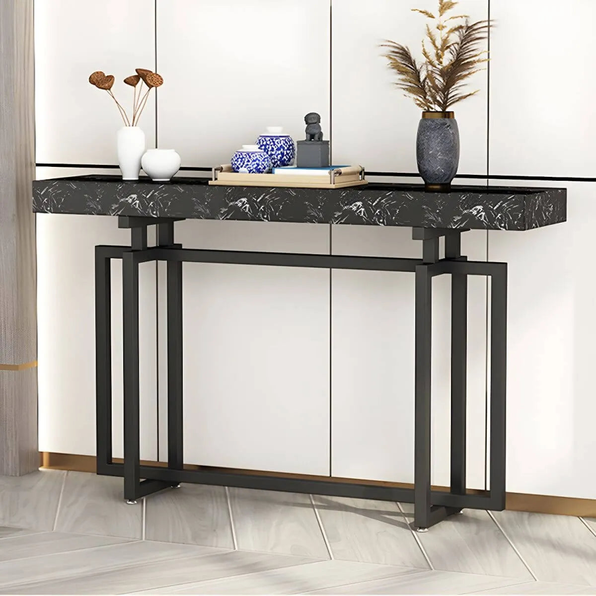 Glam Rectangular Marble Console Table with Metal Frame – Black & Gold
