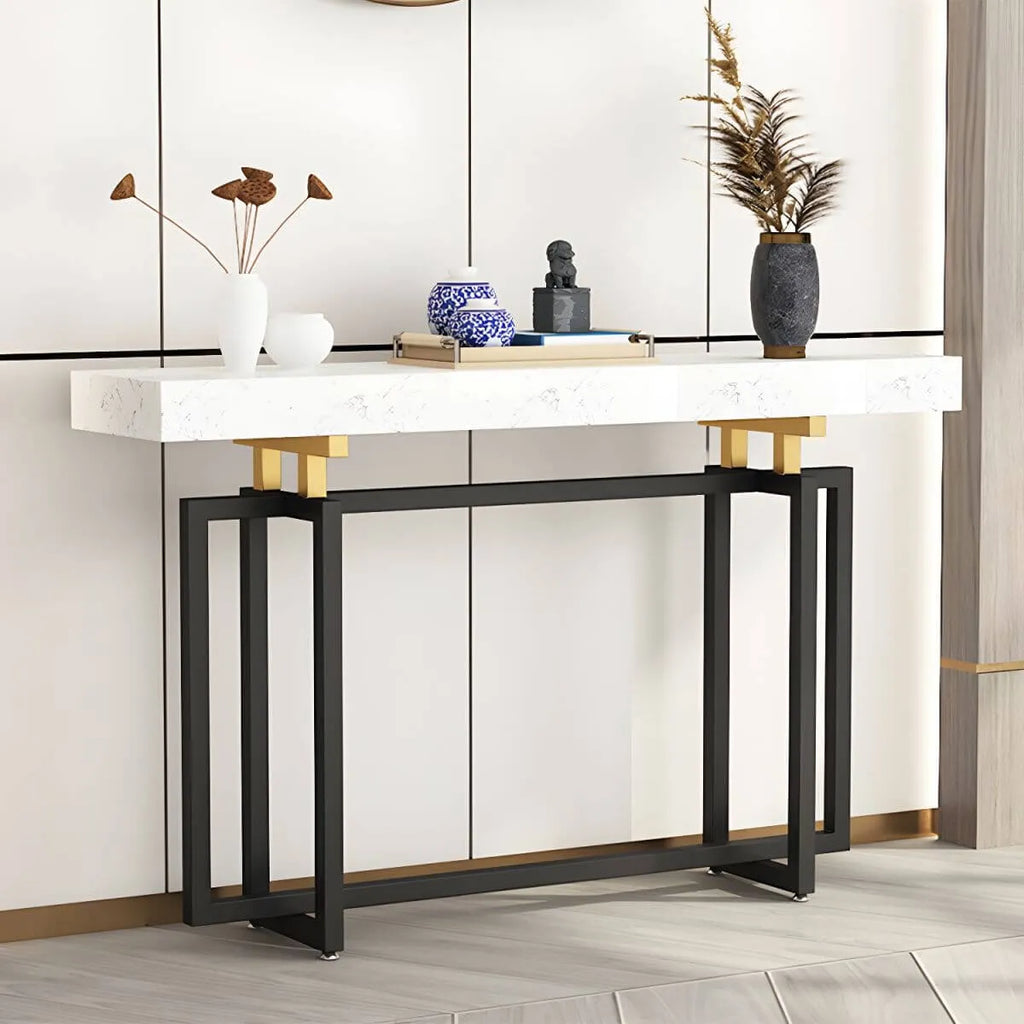 Glam Rectangular Marble Console Table with Metal Frame – Black & Gold