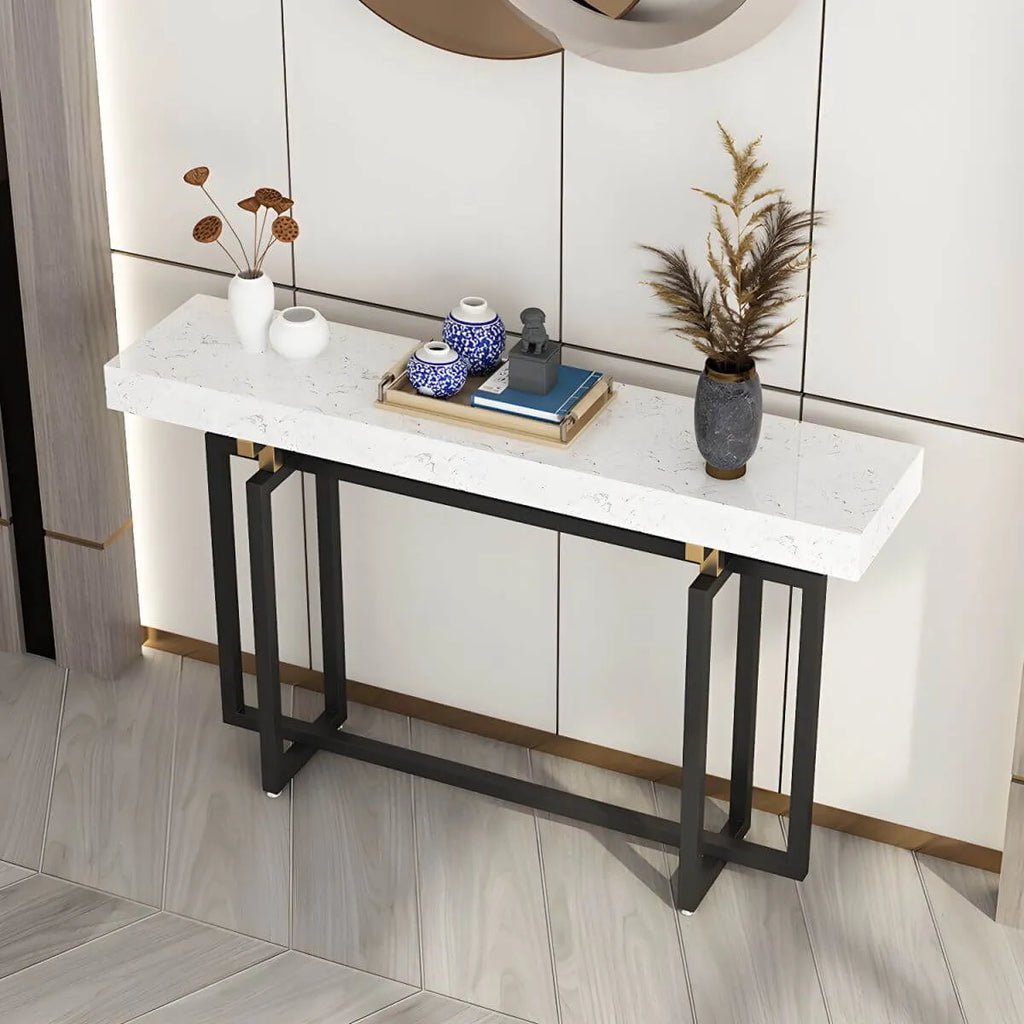 Glam Rectangular Marble Console Table with Metal Frame – Black & Gold