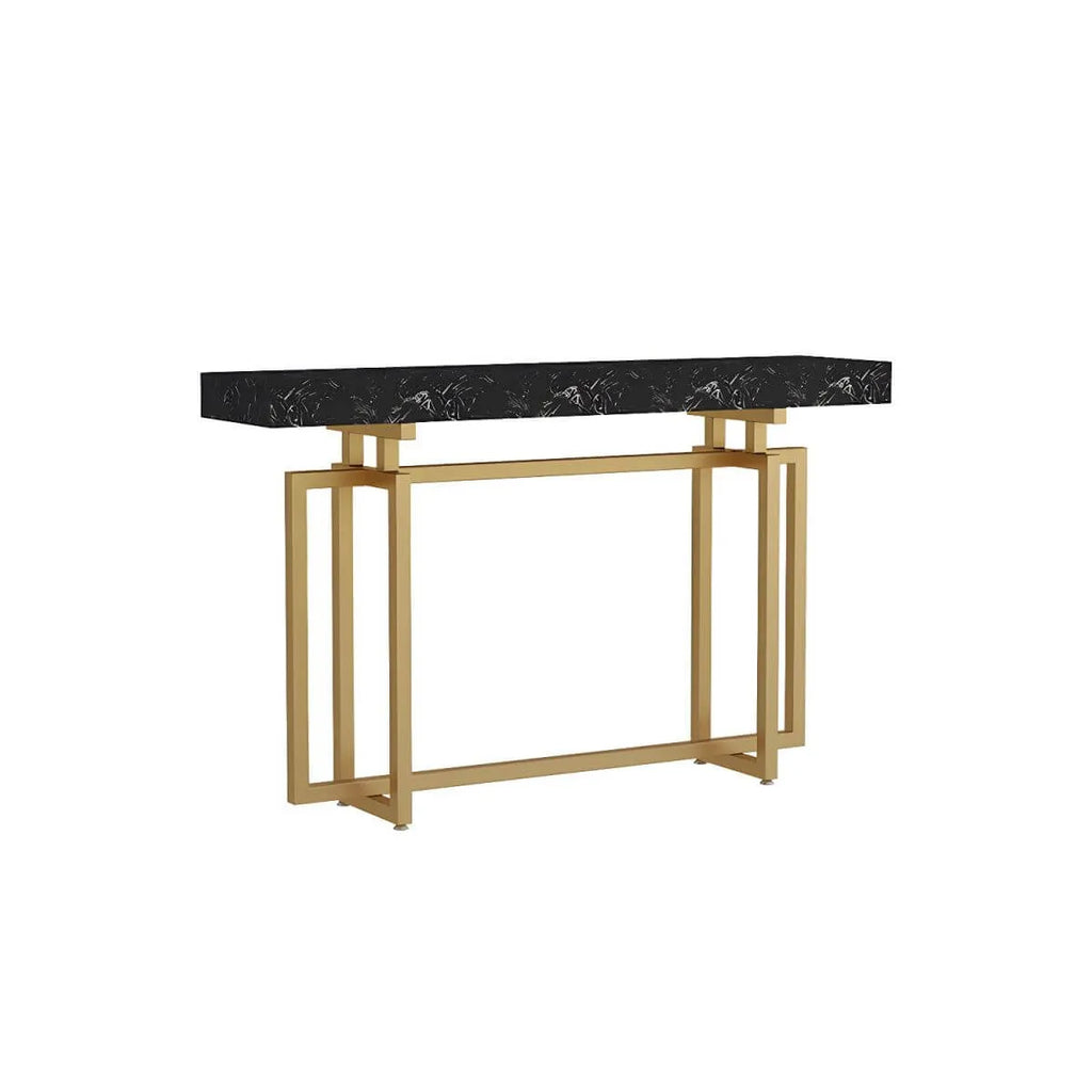 Glam Rectangular Marble Console Table with Metal Frame – Black & Gold