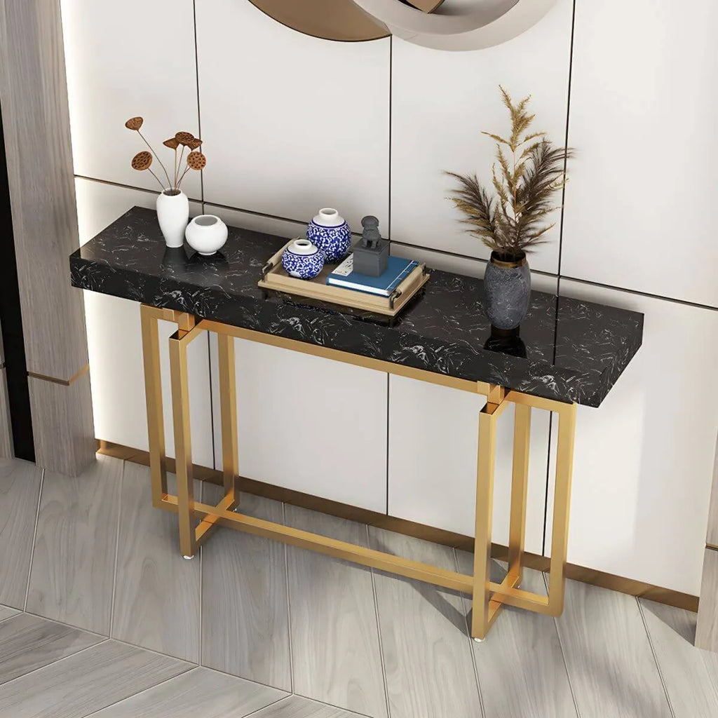 Glam Rectangular Marble Console Table with Metal Frame – Black & Gold