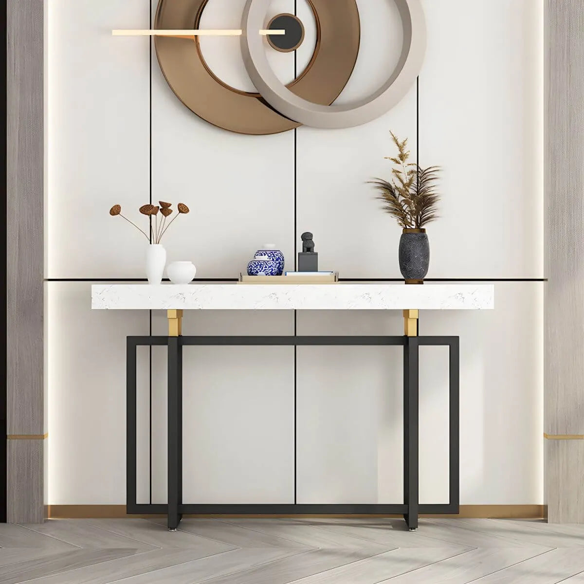 Glam Rectangular Marble Console Table with Metal Frame – Black & Gold