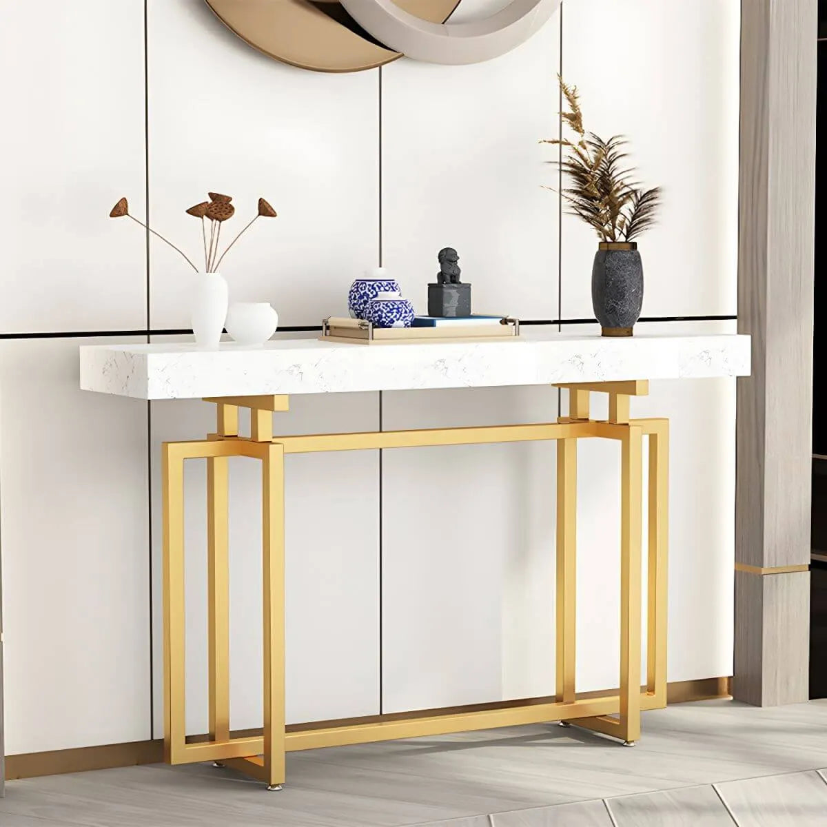 Glam Rectangular Marble Console Table with Metal Frame – Black & Gold