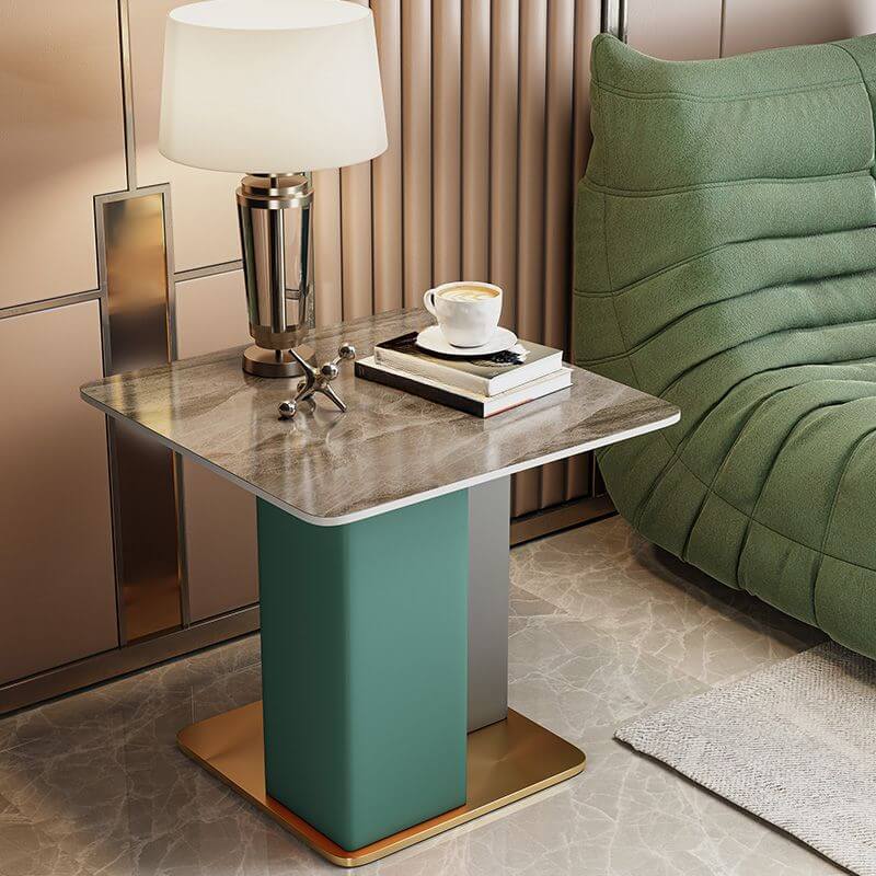 Glam Square Sintered Stone Side Table with Metal Pedestal Base