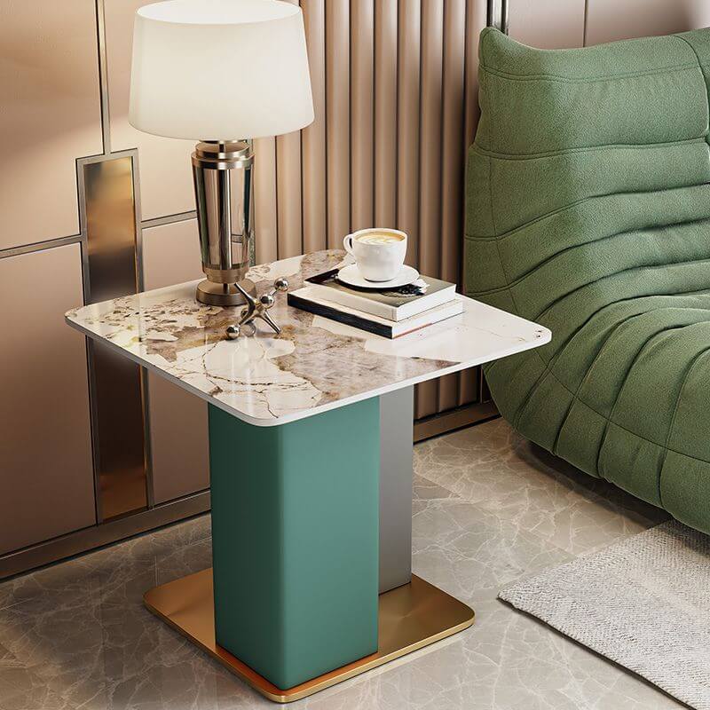 Glam Square Sintered Stone Side Table with Metal Pedestal Base