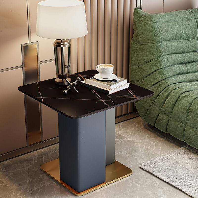 Glam Square Sintered Stone Side Table with Metal Pedestal Base