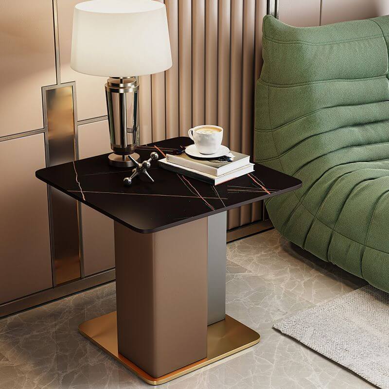 Glam Square Sintered Stone Side Table with Metal Pedestal Base
