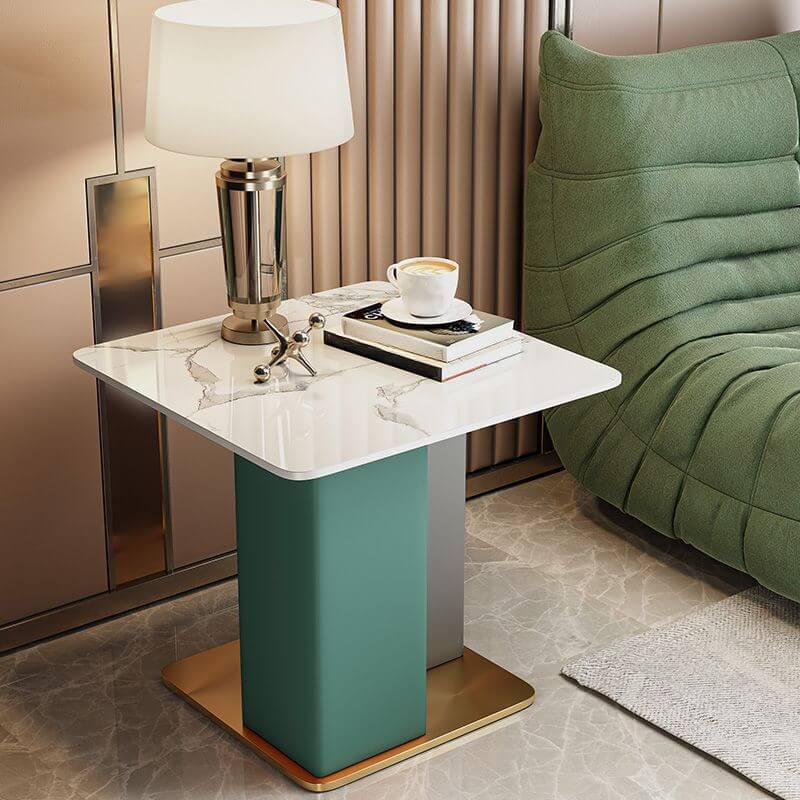 Glam Square Sintered Stone Side Table with Metal Pedestal Base
