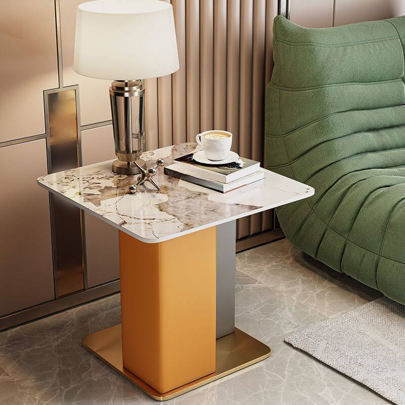 Glam Square Sintered Stone Side Table with Metal Pedestal Base