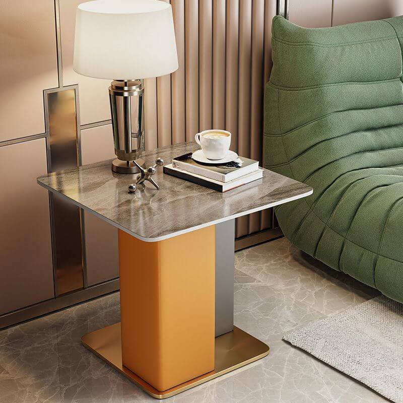 Glam Square Sintered Stone Side Table with Metal Pedestal Base