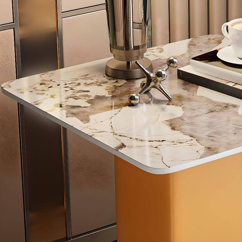 Glam Square Sintered Stone Side Table with Metal Pedestal Base