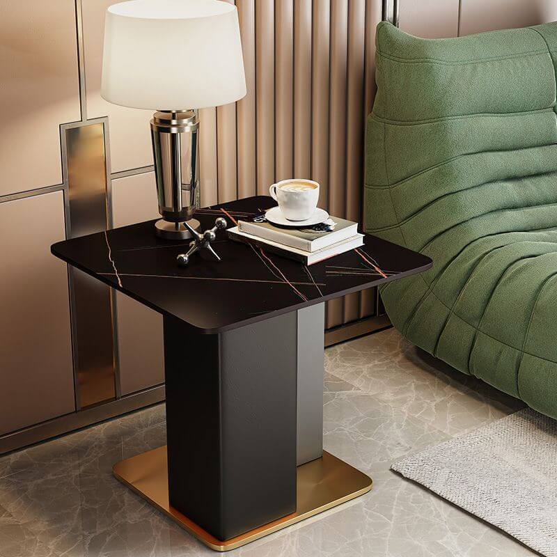 Glam Square Sintered Stone Side Table with Metal Pedestal Base