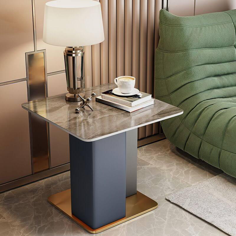 Glam Square Sintered Stone Side Table with Metal Pedestal Base