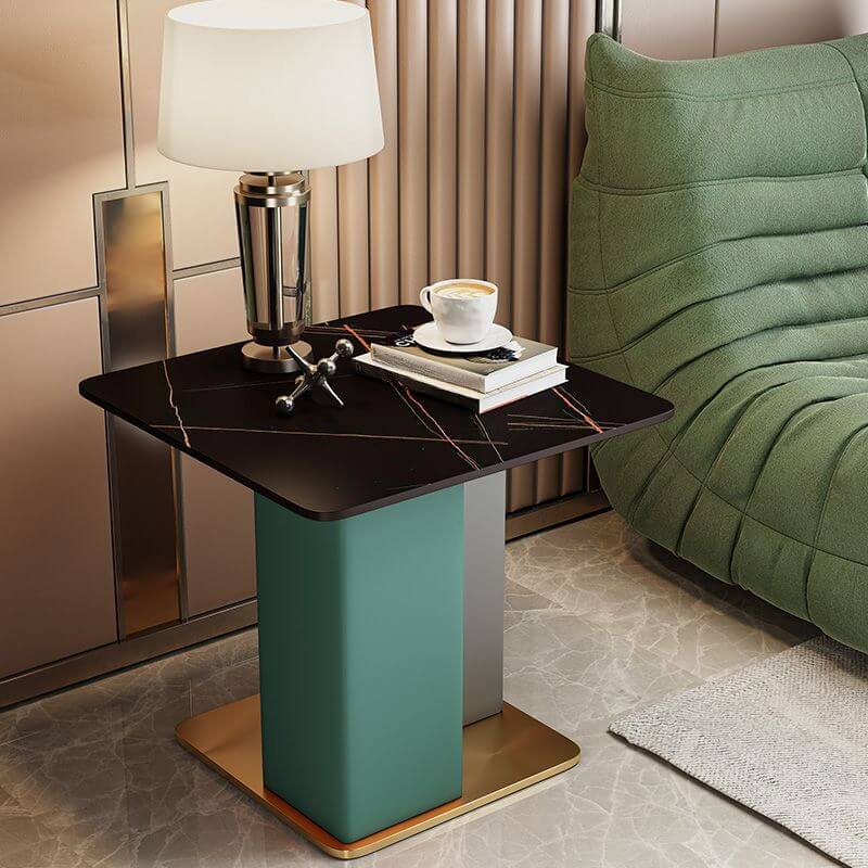 Glam Square Sintered Stone Side Table with Metal Pedestal Base