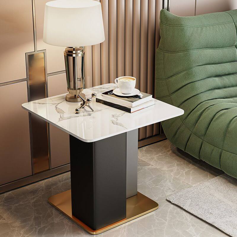 Glam Square Sintered Stone Side Table with Metal Pedestal Base
