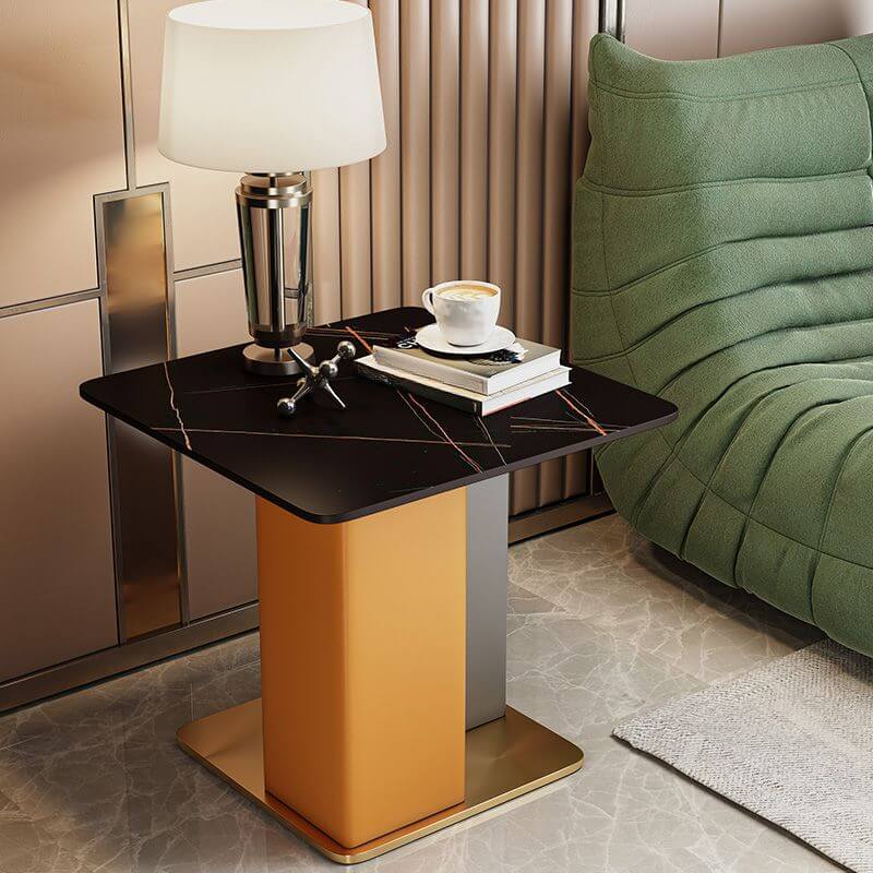 Glam Square Sintered Stone Side Table with Metal Pedestal Base