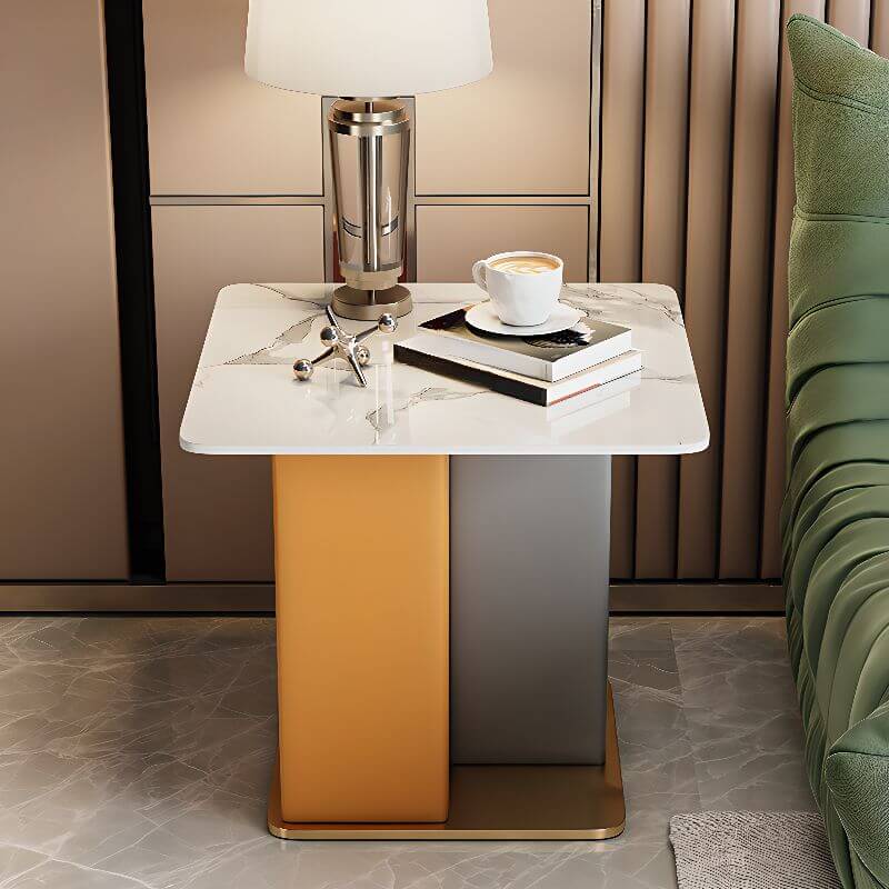 Glam Square Sintered Stone Side Table with Metal Pedestal Base Main Product Image Imagen principal del producto