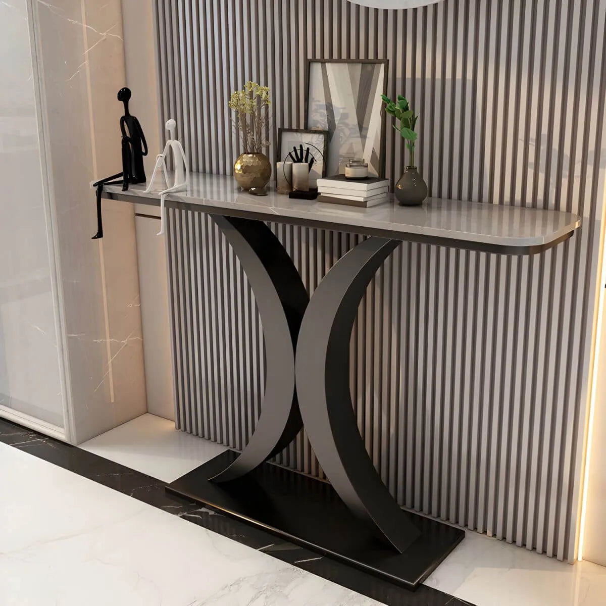 Glam Stone Top Console Table with Abstract Iron Base Secondary image