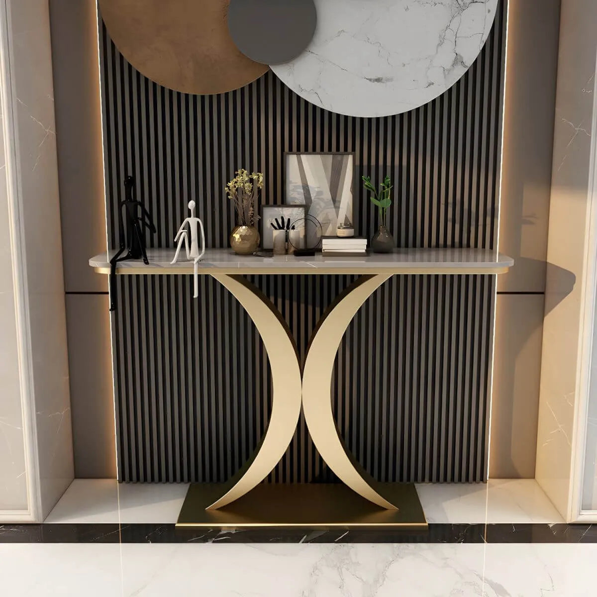 Glam Stone Top Console Table with Abstract Iron Base