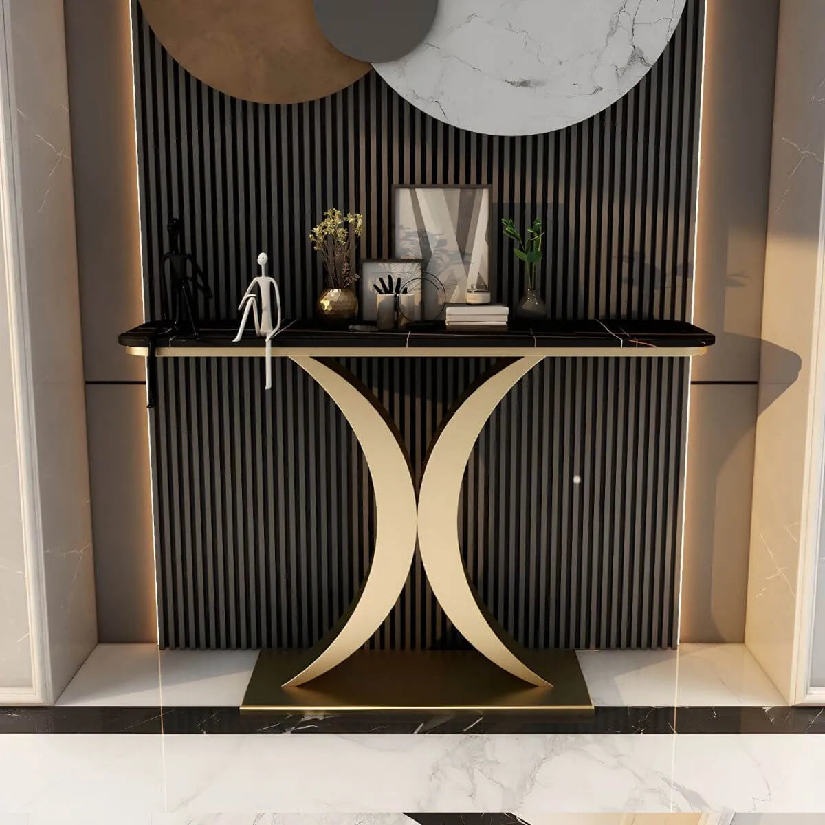 Glam Stone Top Console Table with Abstract Iron Base