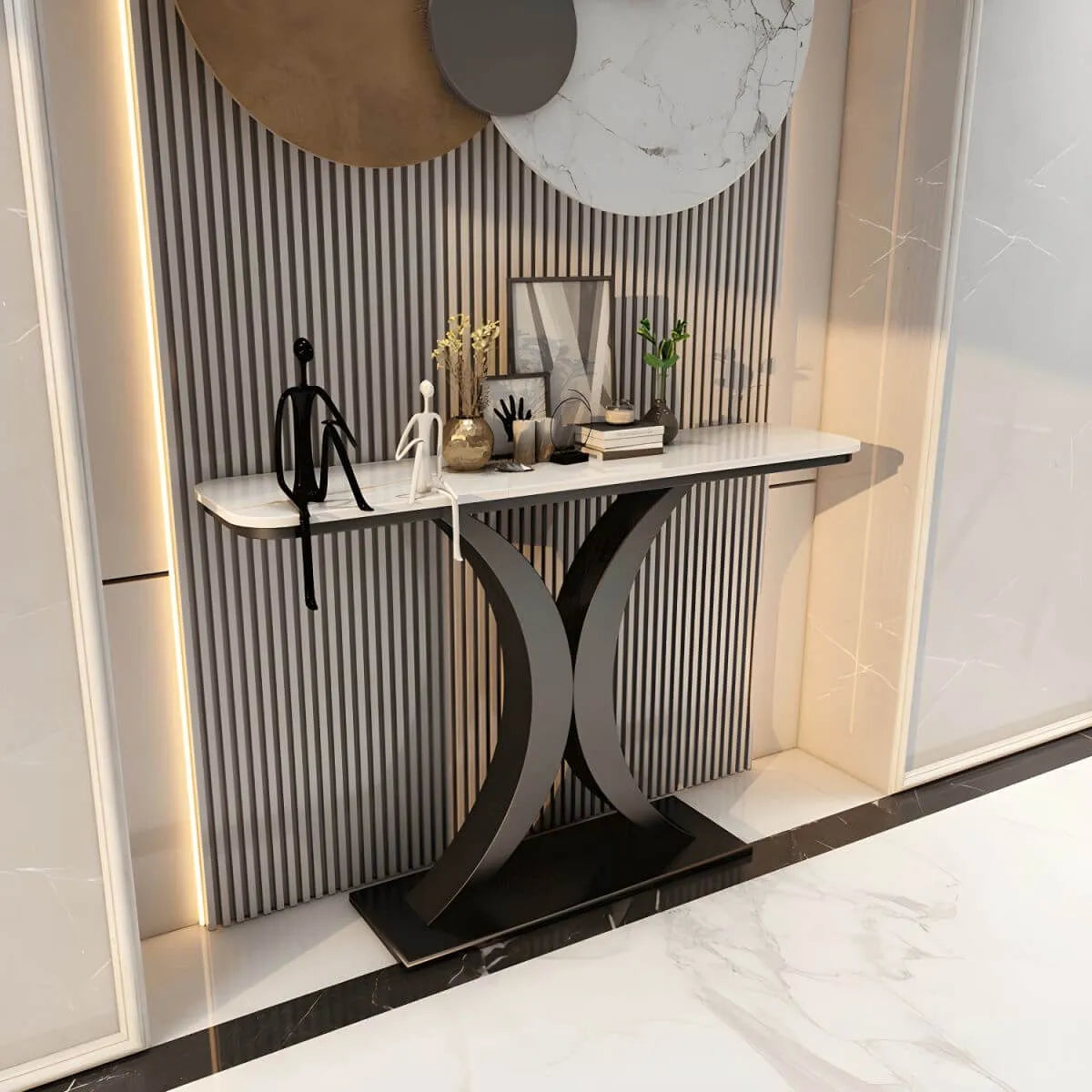 Glam Stone Top Console Table with Abstract Iron Base
