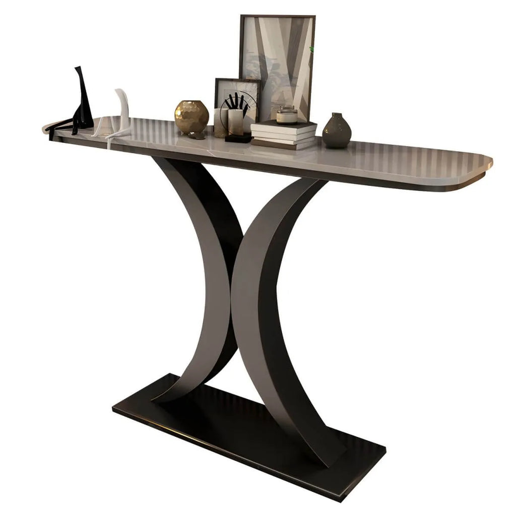 Glam Stone Top Console Table with Abstract Iron Base