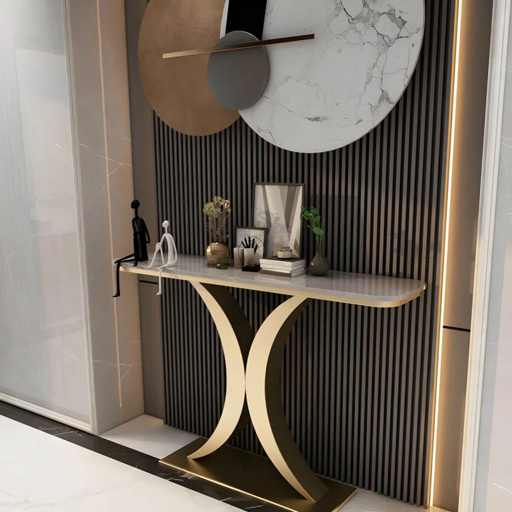 Glam Stone Top Console Table with Abstract Iron Base