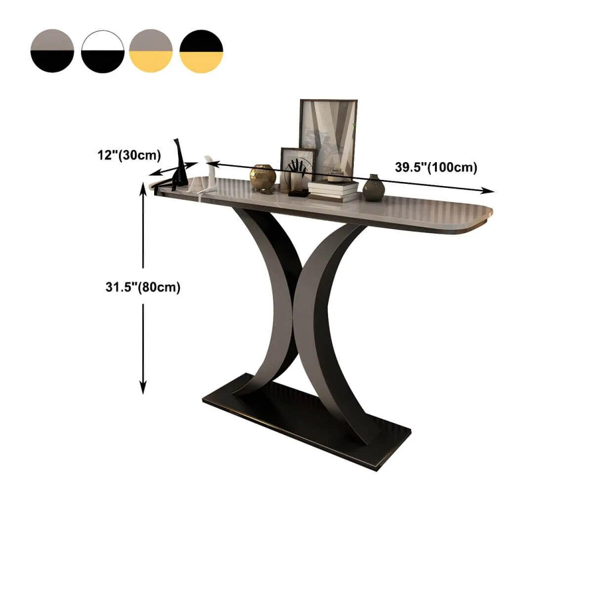 Glam Stone Top Console Table with Abstract Iron Base Dimensions