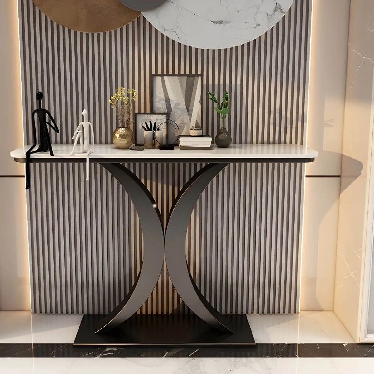 Glam Stone Top Console Table with Abstract Iron Base Main Product Image Main image